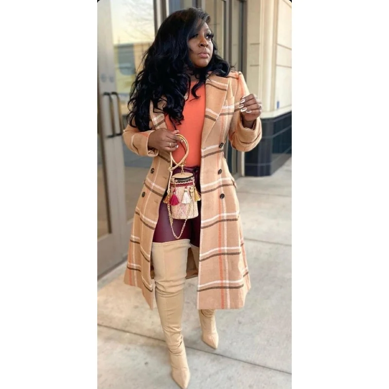 Plaid Double Breasted Coat Warm Hooded Poncho