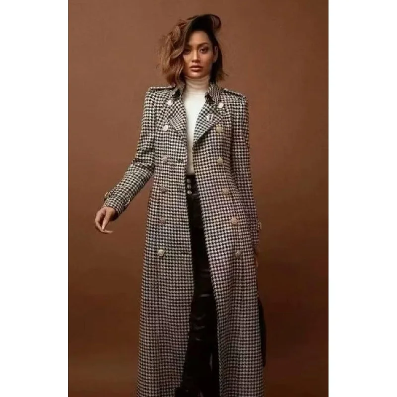 Plaid Double Breasted Long Coat Knit Longline Duster