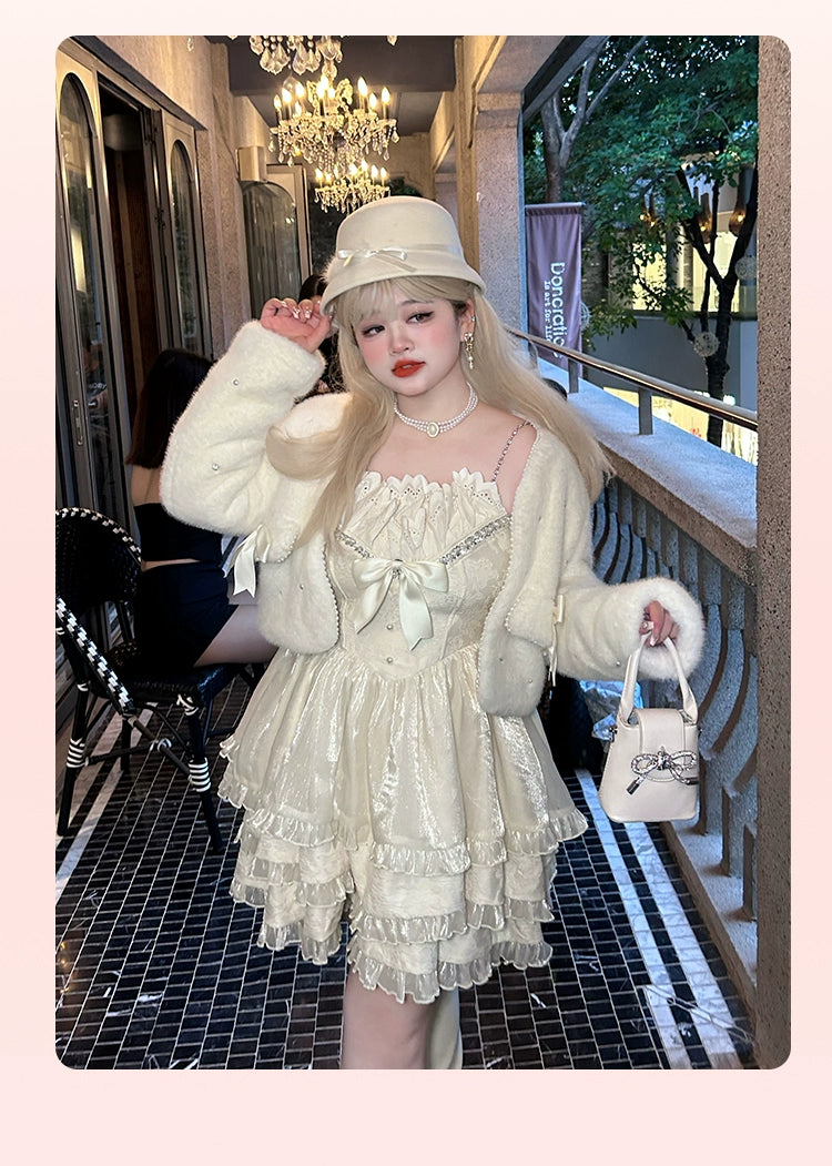 Yingtang~Plus Size Lolita Coat High-end Winter Lolita Soft Plush Coat Belted Crossover Blazer