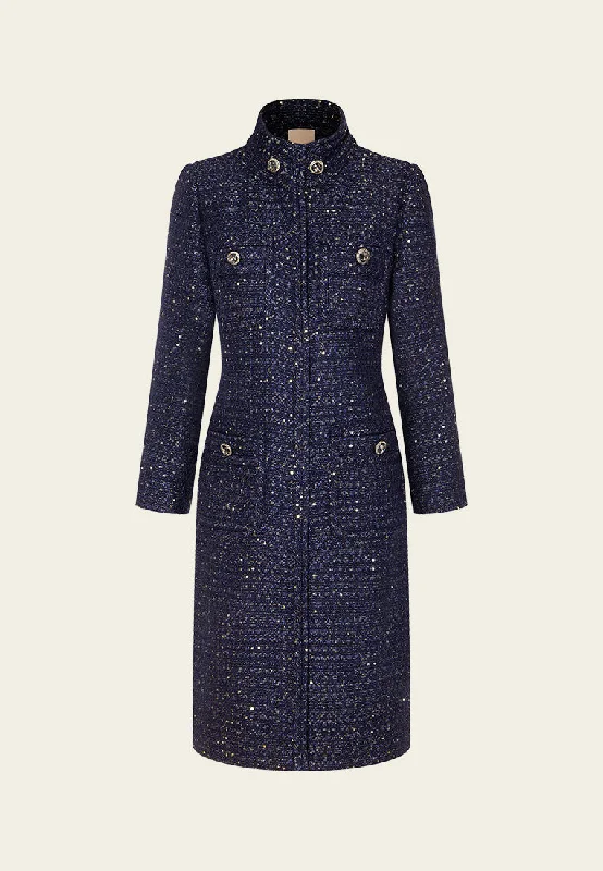 Stand-collar Concealed-fastening Sequin-detail Lurex Coat Polished Tailored Coat