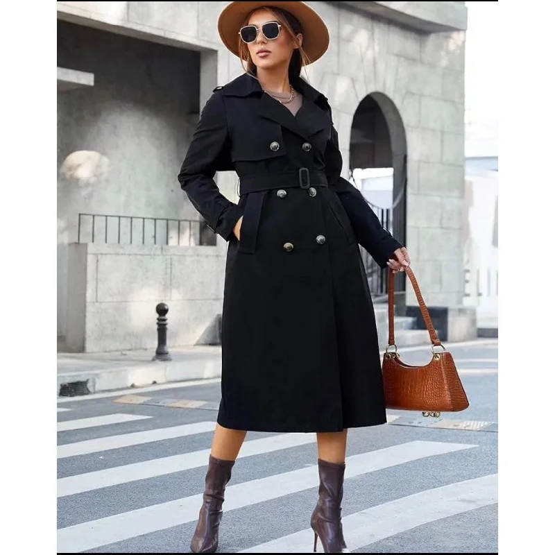 Suede Long Double Breasted Coat Adjustable Waist Parka