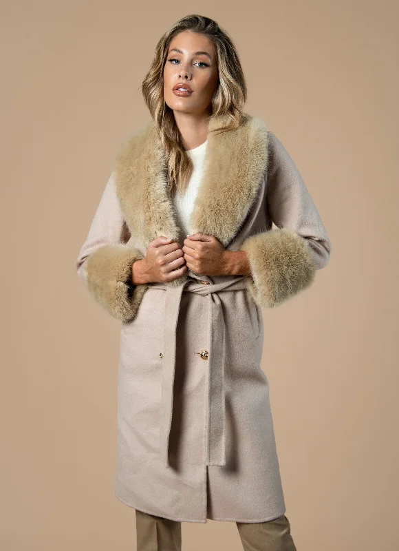 Taupe Cashmere Faux Fur Coat Military-Inspired Jacket