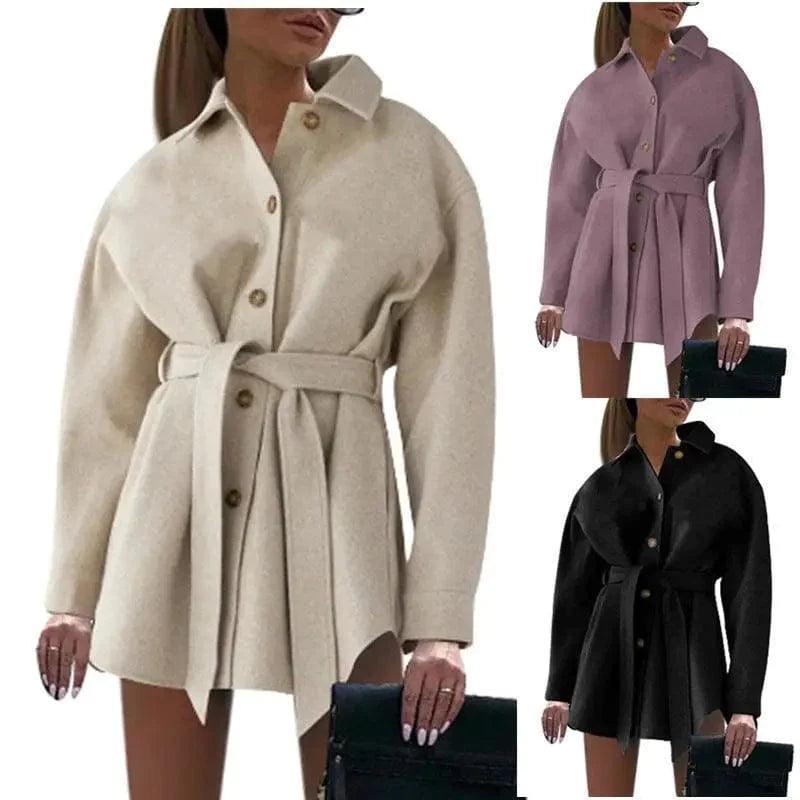 V-neck Button Lace Ladies Woolen Coat Open-Knit Duster Coat