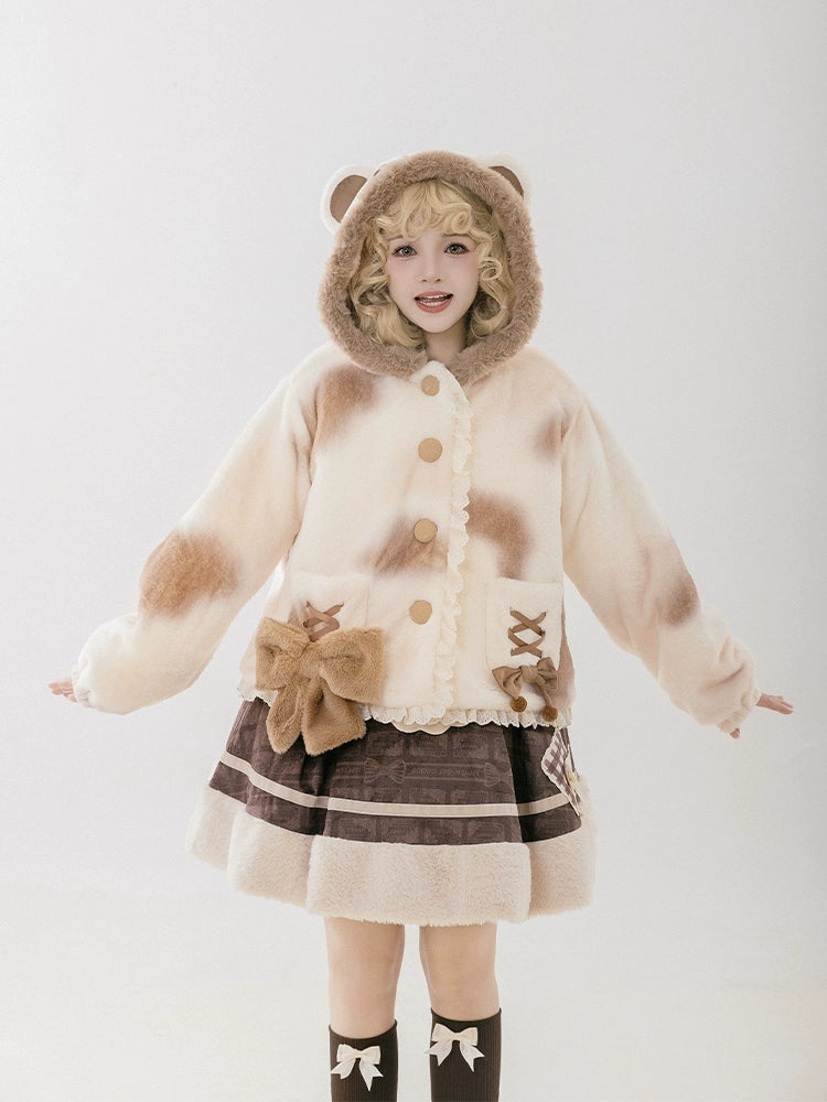 With PUJI~Mocha Bear~Winter Hooded Bear Ear Fleece Lolita Coat Fur-Lined Aviator Coat