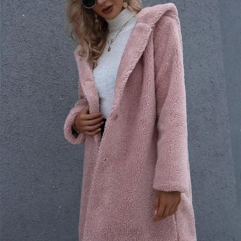 Women's Hooded Mid-length Coat  Lamb Longline Wool Coat