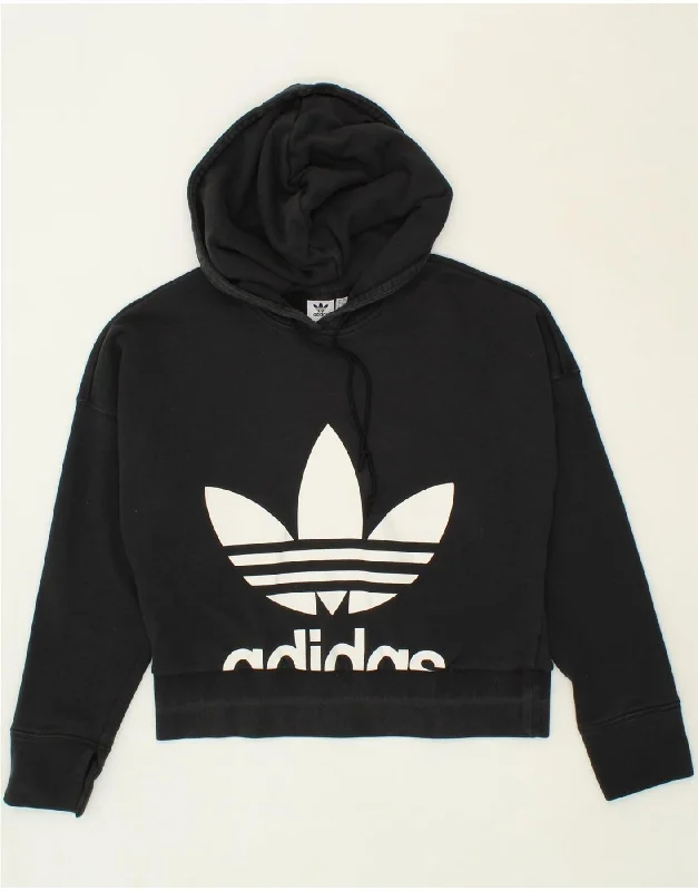 ADIDAS Womens Graphic Hoodie Jumper UK 12 Medium Black Cotton Hoodie with Button Placket Classic Preppy ADIDAS Womens Graphic Hoodie Jumper UK 12 Medium Black Cotton Hoodie with Button Placket Classic Preppy