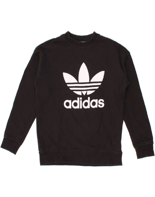 ADIDAS Womens Loose Fit Graphic Sweatshirt Jumper UK 4 XS Black Cotton Hoodie with Hem Patch Decorative Personalized ADIDAS Womens Loose Fit Graphic Sweatshirt Jumper UK 4 XS Black Cotton Hoodie with Hem Patch Decorative Personalized