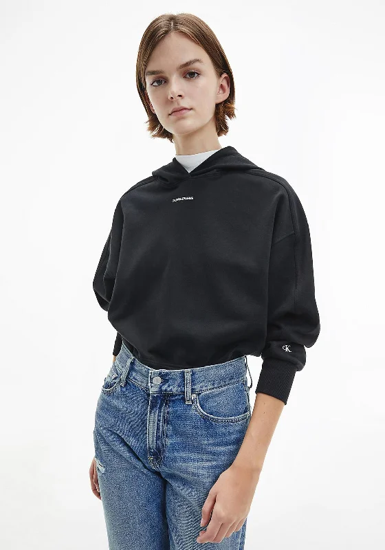 Calvin Klein Jeans Micro Branding Hoodie, Black Hoodie with Exposed Zipper Edgy Industrial Calvin Klein Jeans Micro Branding Hoodie, Black Hoodie with Exposed Zipper Edgy Industrial