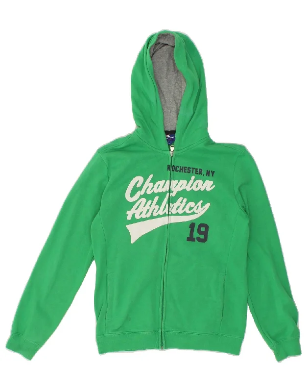 CHAMPION Boys Graphic Zip Hoodie Sweater 11-12 Years Large Green Cotton Hoodie with Half-Zip Sporty Casual