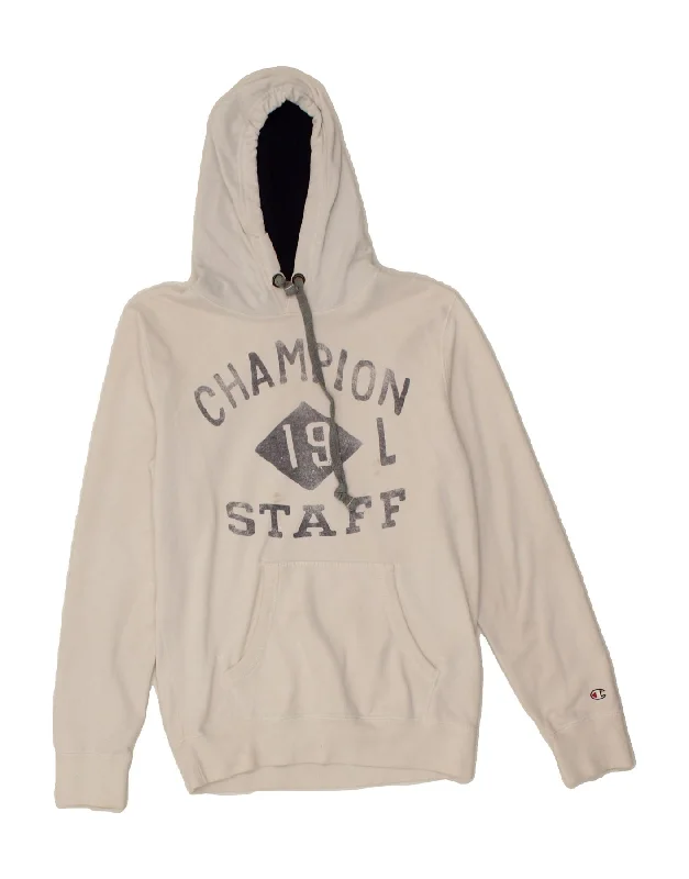 CHAMPION Mens Graphic Hoodie Jumper Small White Cotton Hoodie with Velcro Closure Adjustable Secure
