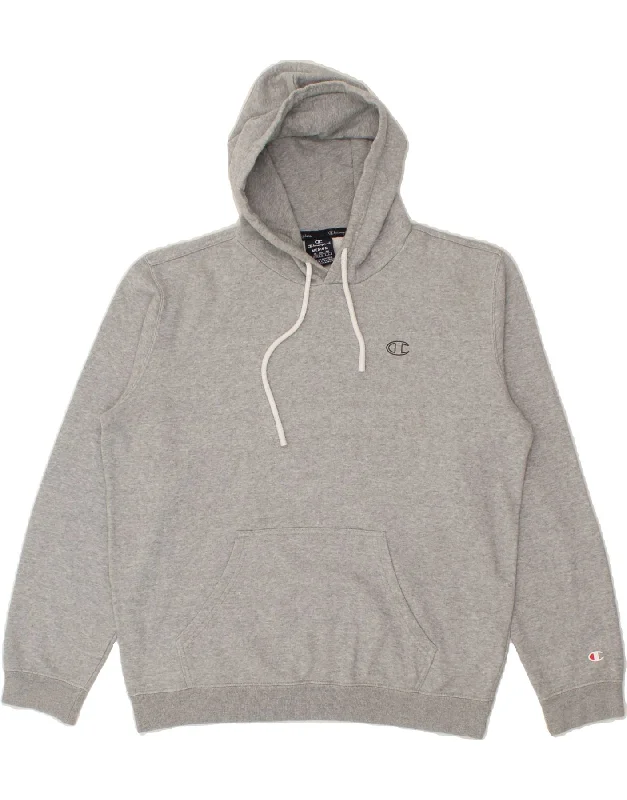 CHAMPION Mens Hoodie Jumper Medium Grey Cotton Hoodie with V-Neck Classic Versatile