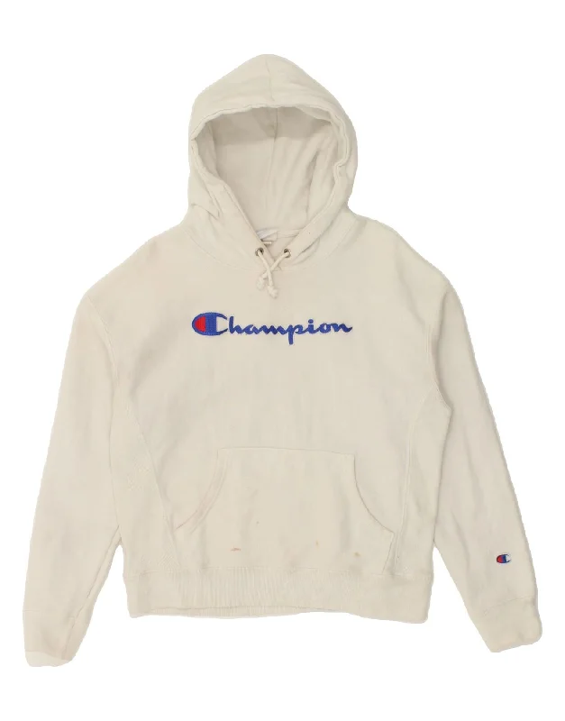 CHAMPION Womens Graphic Hoodie Jumper UK 14 Medium White Cotton Hoodie with Hidden Zipper Minimalist Clean CHAMPION Womens Graphic Hoodie Jumper UK 14 Medium White Cotton Hoodie with Hidden Zipper Minimalist Clean