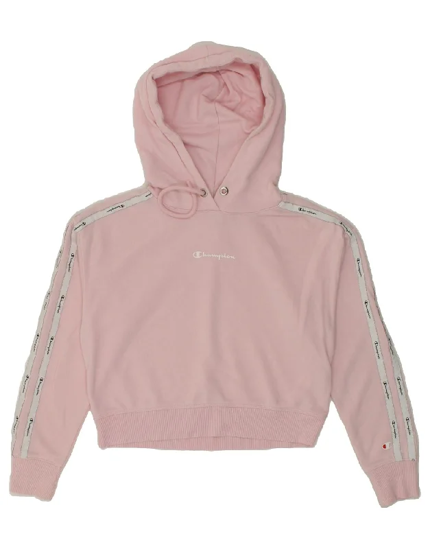 CHAMPION Womens Oversized Crop Graphic Hoodie Jumper UK 6 XS Pink Hoodie with Emblem Brand Identity CHAMPION Womens Oversized Crop Graphic Hoodie Jumper UK 6 XS Pink Hoodie with Emblem Brand Identity