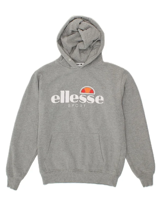 ELLESSE Womens Graphic Hoodie Jumper UK 12 Medium Grey Cotton Hoodie with Hem Applique Textured Unique ELLESSE Womens Graphic Hoodie Jumper UK 12 Medium Grey Cotton Hoodie with Hem Applique Textured Unique