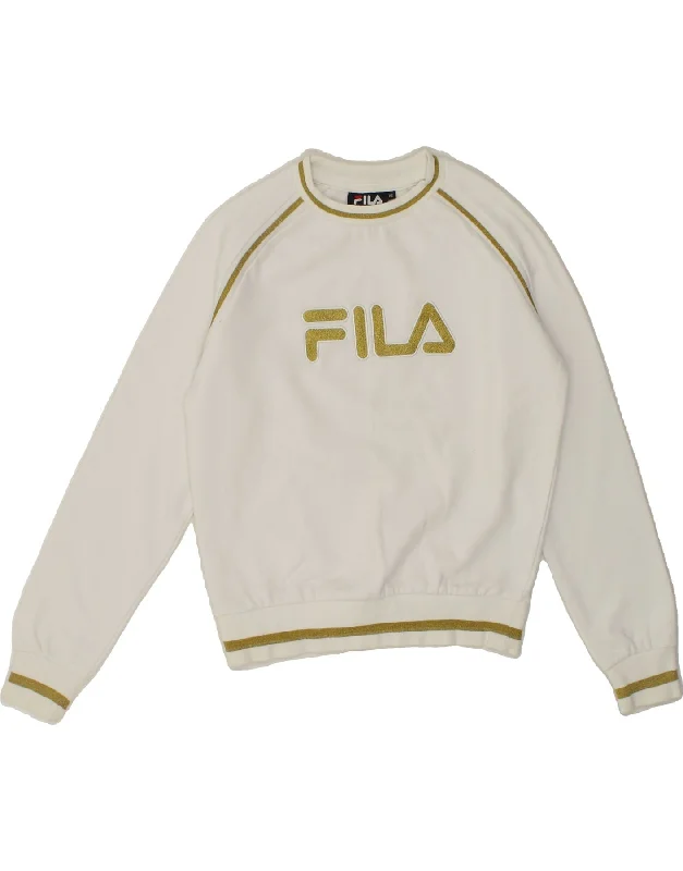 FILA Womens Oversized Graphic Sweatshirt Jumper UK 6 XS White Cotton Hoodie with Camouflage Military Edgy FILA Womens Oversized Graphic Sweatshirt Jumper UK 6 XS White Cotton Hoodie with Camouflage Military Edgy