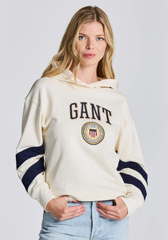 GANT Womens Crest Shield Detail Hoodie, Cream Hoodie with Embroidery Detailed Premium