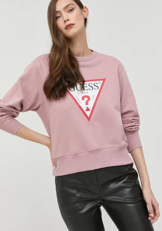 Guess Womens Classic Logo Sweatshirt, Mauve Hoodie with Drawstring Waist Adjustable Fitted Guess Womens Classic Logo Sweatshirt, Mauve Hoodie with Drawstring Waist Adjustable Fitted