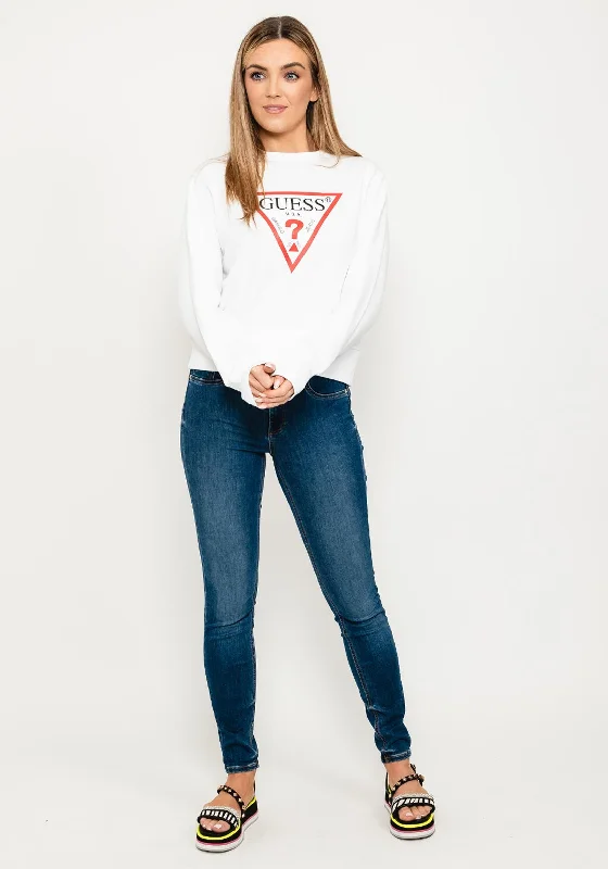 Guess Womens Classic Logo Sweatshirt, White Hoodie with Puffed Sleeves Voluminous Trendy Guess Womens Classic Logo Sweatshirt, White Hoodie with Puffed Sleeves Voluminous Trendy