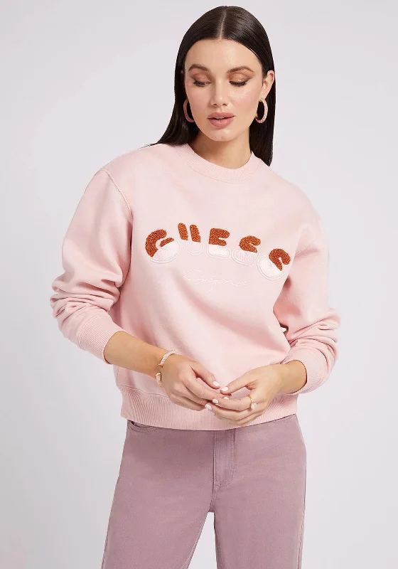 Guess Womens Metallic Embroidered Logo Sweatshirt, Pink Hoodie with Crew Neck Simple Timeless Guess Womens Metallic Embroidered Logo Sweatshirt, Pink Hoodie with Crew Neck Simple Timeless