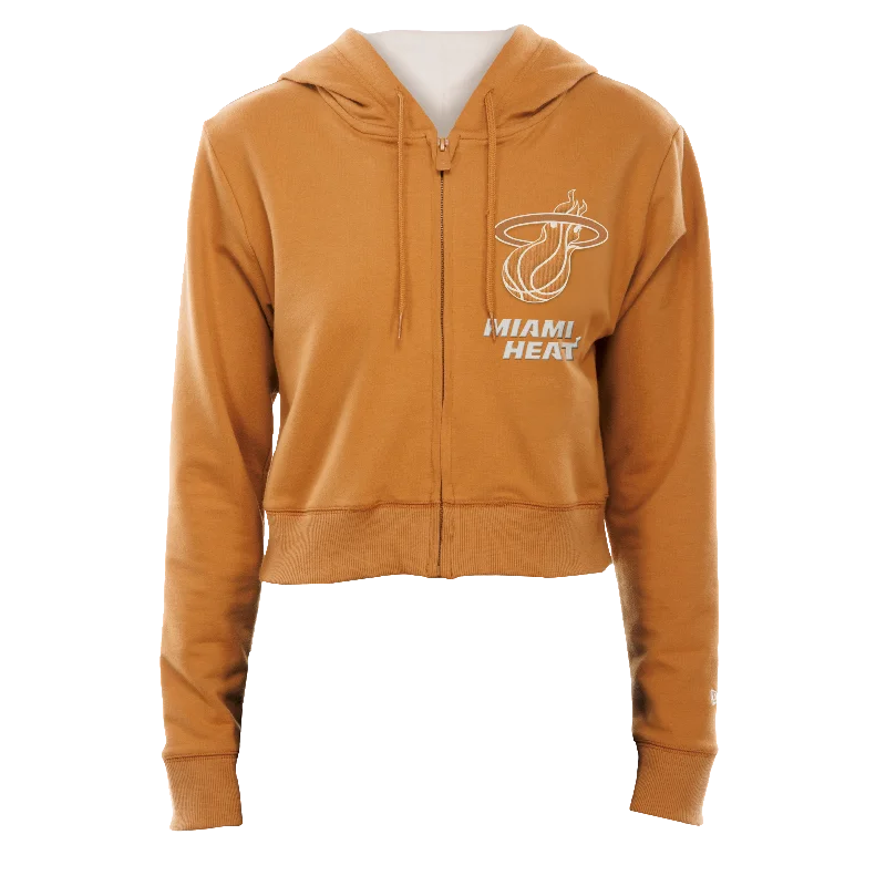 New Era Miami HEAT Tan Full Zip Crop Women's Hoodie Hoodie with Distressed Vintage Worn New Era Miami HEAT Tan Full Zip Crop Women's Hoodie Hoodie with Distressed Vintage Worn