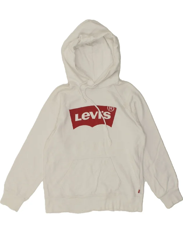 LEVI'S Womens Graphic Hoodie Jumper UK 14 Medium White Cotton Hoodie with Embroidery Detailed Premium