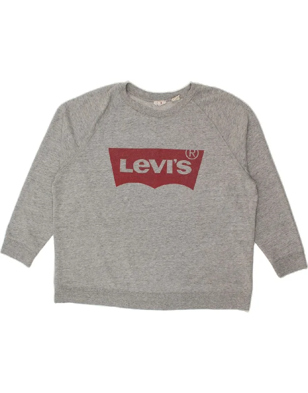 LEVI'S Womens Oversized Graphic Sweatshirt Jumper UK 22 3XL Grey Cotton Hoodie with Mesh Breathable Sporty