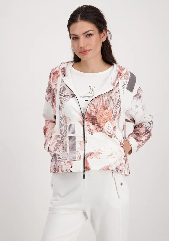 Monari Floral Full Zip Hoodie, White & Pink Hoodie Dress Longline Feminine