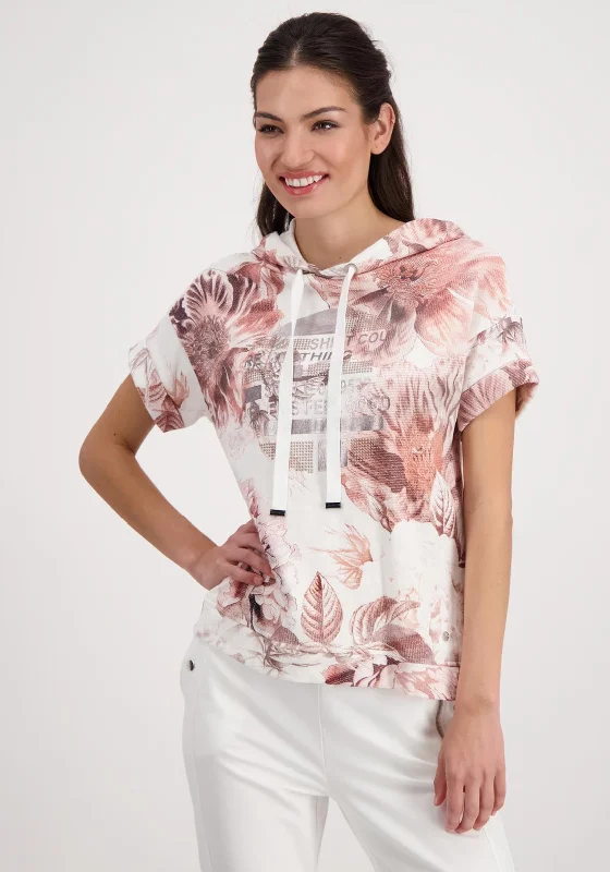 Monari Floral Short Sleeve Hoodie, White & Pink Cotton Hoodie Fleece Lining Warmth