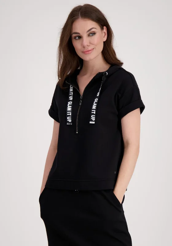 Monari Short Sleeve Half Zip Hoodie, Black Hoodie with Hem Drawcord Adjustable Customizable Monari Short Sleeve Half Zip Hoodie, Black Hoodie with Hem Drawcord Adjustable Customizable