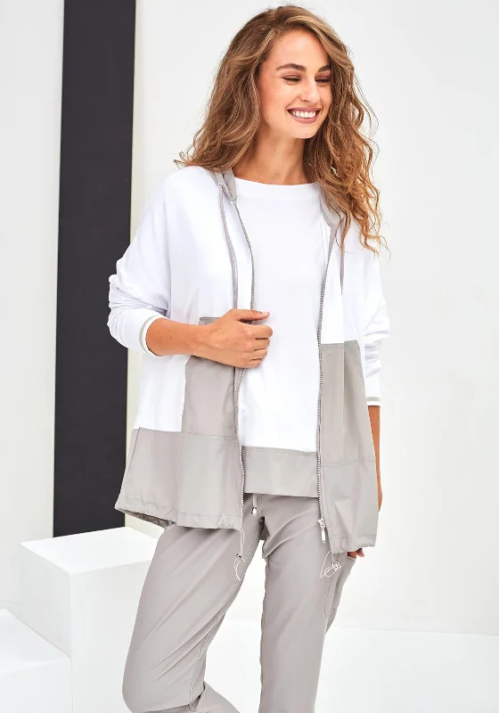 Naya Colour Block Long Hoodie, White & Stone Hoodie with Stripes Bold Sporty