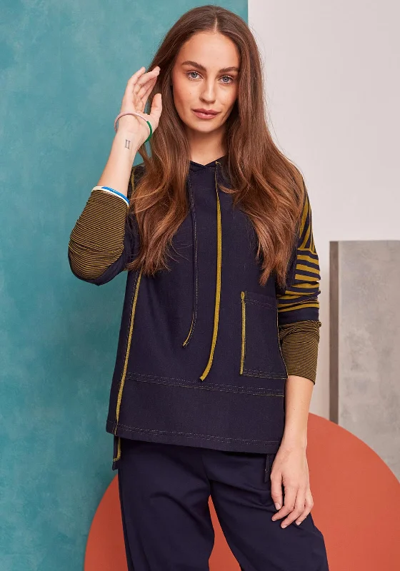 Naya Striped Back & Sleeves Hoodie, Navy & Green Hoodie with Snap Buttons Easy Quick Naya Striped Back & Sleeves Hoodie, Navy & Green Hoodie with Snap Buttons Easy Quick