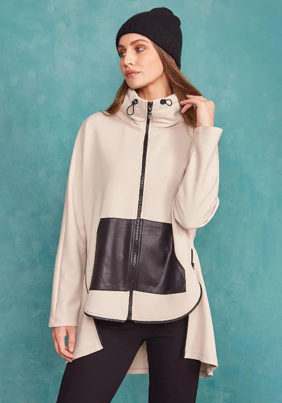 Naya Sporty Style Zip Hem Long Sweatshirt, Beige & Black Hoodie with Exposed Zipper Edgy Industrial