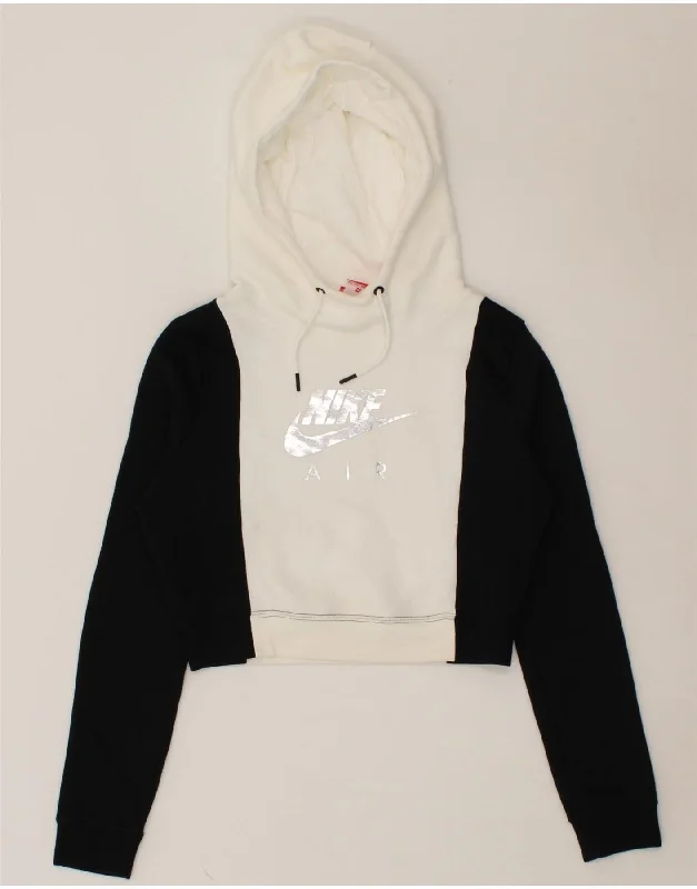 NIKE Womens Oversized Graphic Crop Hoodie Jumper UK 6 XS White Colourblock Hoodie with Metallic Shiny Futuristic NIKE Womens Oversized Graphic Crop Hoodie Jumper UK 6 XS White Colourblock Hoodie with Metallic Shiny Futuristic