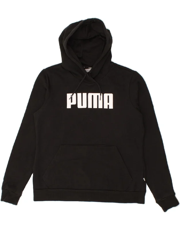 PUMA Womens Graphic Hoodie Jumper UK 14 Large Black Polyester Hoodie with Applique Textured Unique PUMA Womens Graphic Hoodie Jumper UK 14 Large Black Polyester Hoodie with Applique Textured Unique
