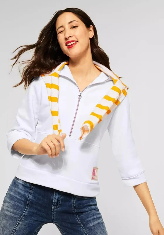 Street One Half Zip Sweatshirt, White Hoodie with Embroidery Detailed Premium