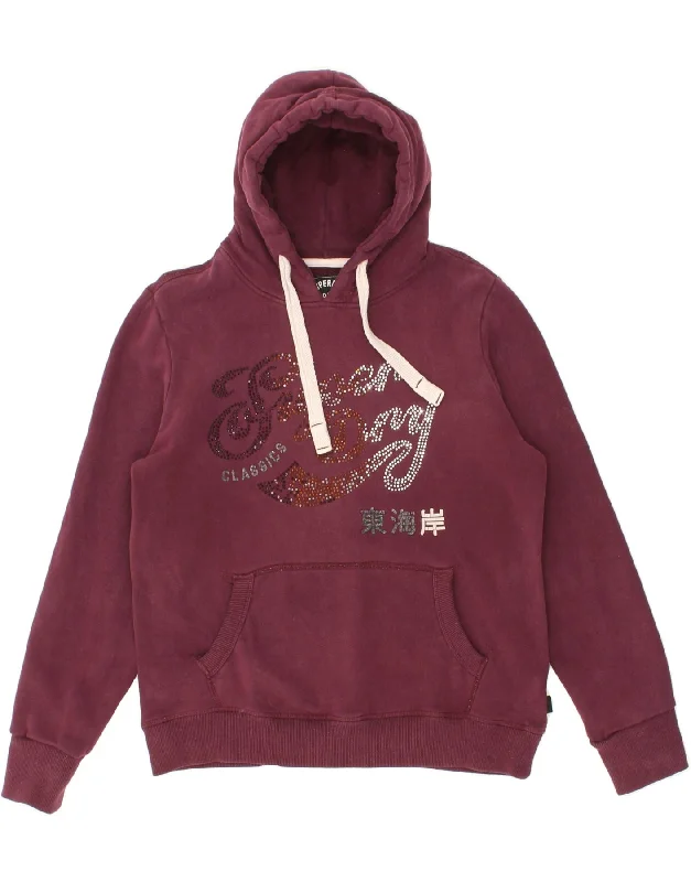 SUPERDRY Womens Graphic Hoodie Jumper UK 14 Large Burgundy Cotton Hoodie with Magnetic Closure Innovative Modern SUPERDRY Womens Graphic Hoodie Jumper UK 14 Large Burgundy Cotton Hoodie with Magnetic Closure Innovative Modern