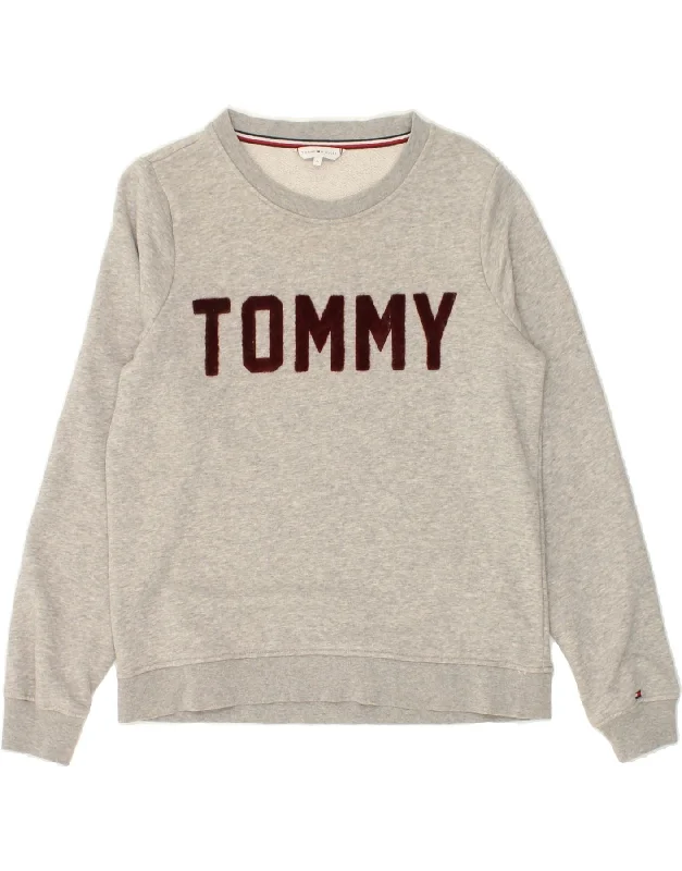 TOMMY HILFIGER Womens Graphic Sweatshirt Jumper UK 14 Medium Grey Cotton Hoodie with Hem Applique Textured Unique