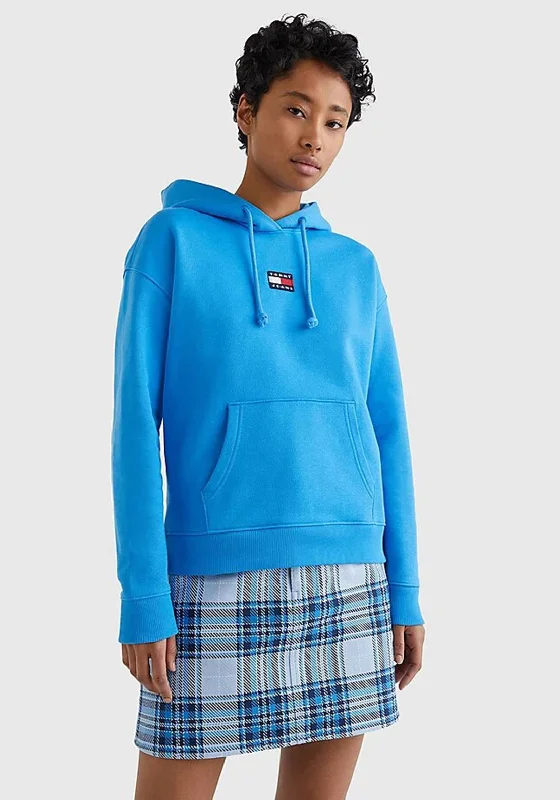 Tommy Jeans Womens Centre Badge Hoodie, Deep Sky Blue Hoodie with Drop Shoulder Relaxed Streetwear Tommy Jeans Womens Centre Badge Hoodie, Deep Sky Blue Hoodie with Drop Shoulder Relaxed Streetwear