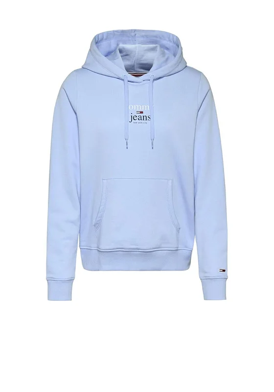 Tommy Jeans Womens Essential Logo Hoodie, Chambray Sky Hoodie with Hem Raw Edge Edgy Unfinished Tommy Jeans Womens Essential Logo Hoodie, Chambray Sky Hoodie with Hem Raw Edge Edgy Unfinished