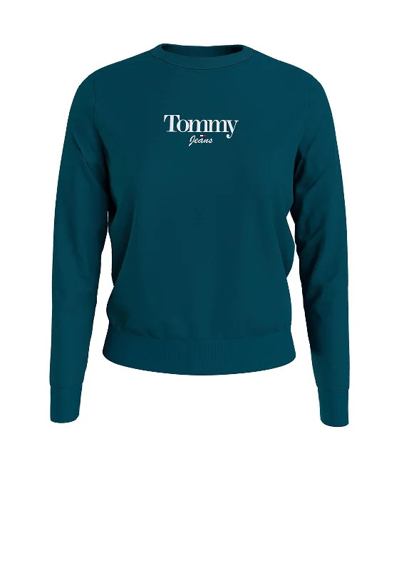 Tommy Jeans Womens Logo Light Sweatshirt, Petrol Hoodie with Typography Text Message Tommy Jeans Womens Logo Light Sweatshirt, Petrol Hoodie with Typography Text Message