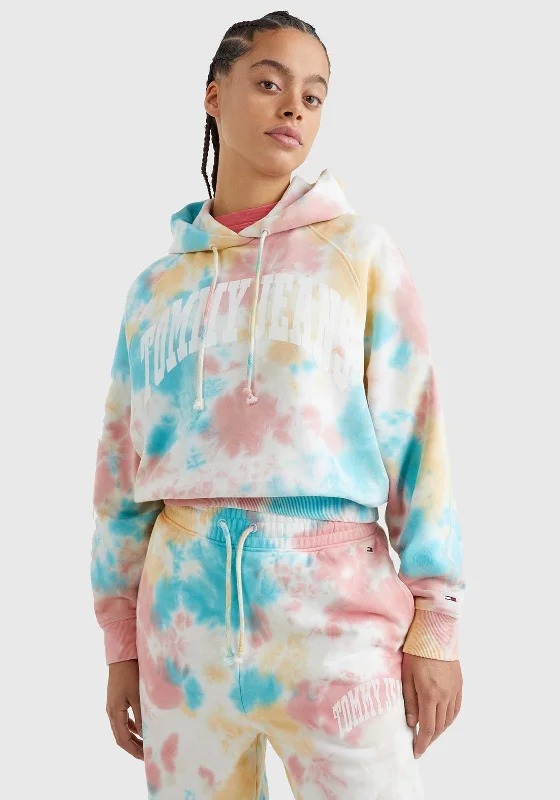 Tommy Jeans Womens Tie Dye Hoodie, Multi Hoodie with Hem Drawcord Adjustable Customizable Tommy Jeans Womens Tie Dye Hoodie, Multi Hoodie with Hem Drawcord Adjustable Customizable