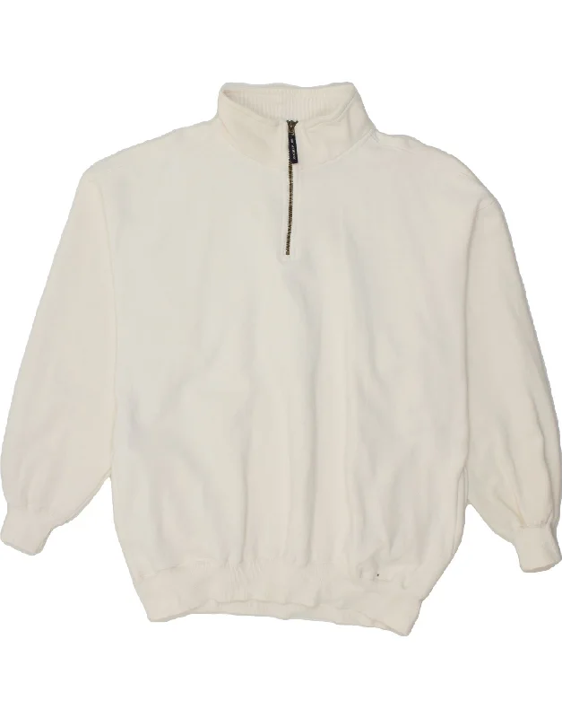 VINTAGE Mens Zip Neck Sweatshirt Jumper XL White Cotton Graphic Hoodie Design Print
