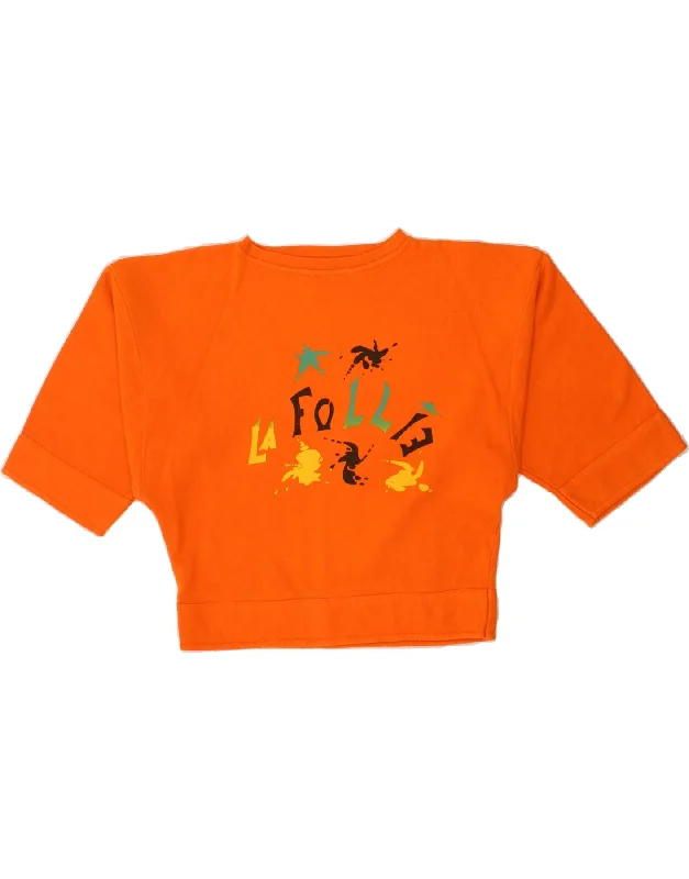 VINTAGE Womens 3/4 Sleeve Crop Sweatshirt Jumper UK 14 Medium Orange Hoodie with Hem Embroidery Detailed Premium