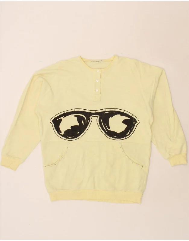 VINTAGE Womens Graphic Sweatshirt Jumper UK 16 Large Yellow Cotton Hoodie Fleece Lining Warmth