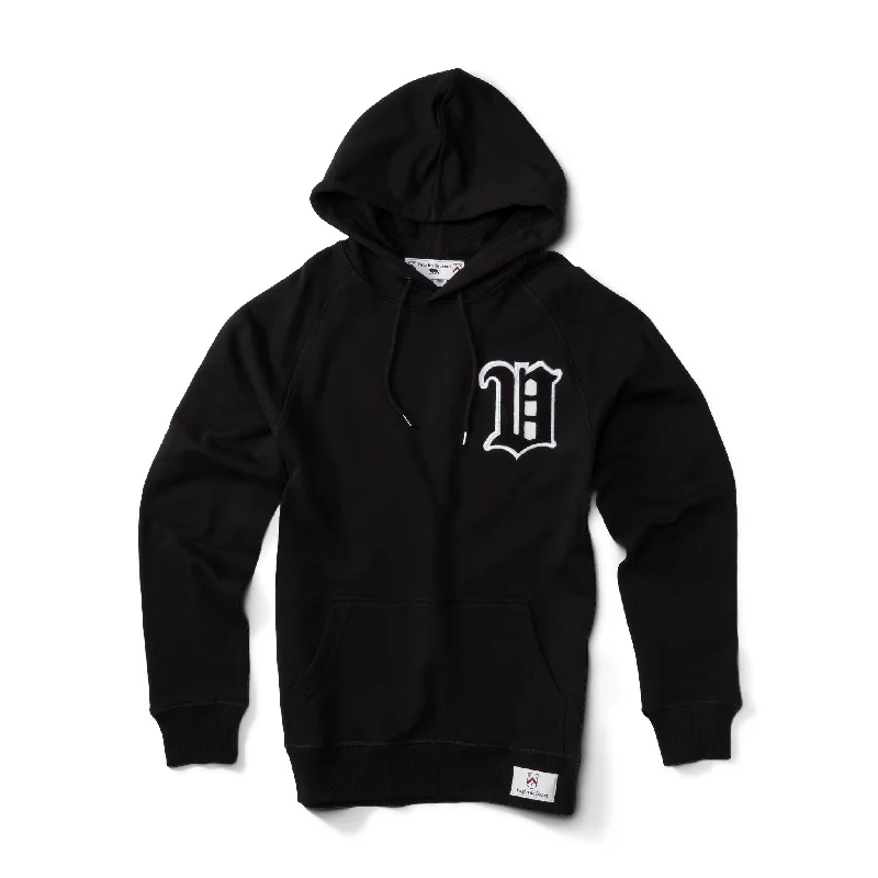 Women's - House of V - Black Varsity Chenille Patch Pullover Hoodie Over Sleeve Pullover