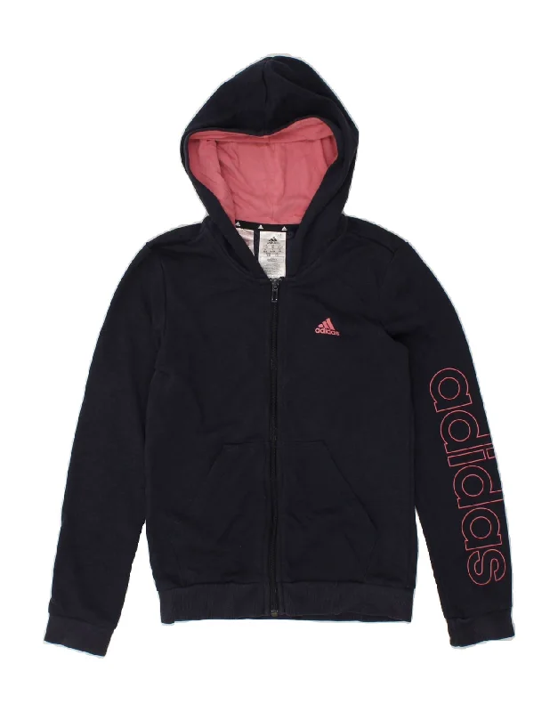 ADIDAS Girls Graphic Zip Hoodie Sweater 11-12 Years Navy Blue Cotton Fitted Slim Tailored ADIDAS Girls Graphic Zip Hoodie Sweater 11-12 Years Navy Blue Cotton Fitted Slim Tailored