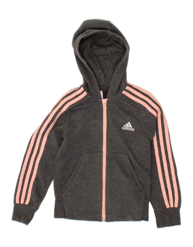 ADIDAS Girls Zip Hoodie Sweater 7-8 Years Grey Cotton Elasticated Padded Insulated