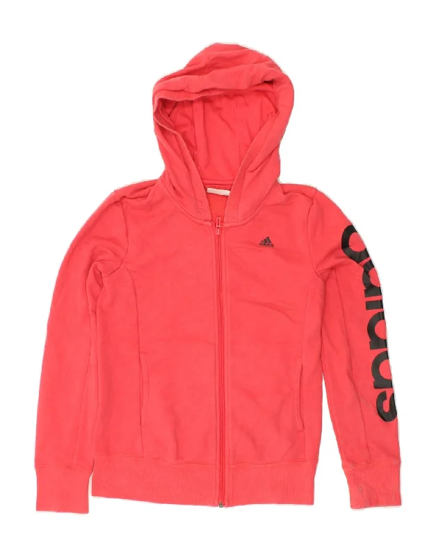 ADIDAS Womens Graphic Zip Hoodie Sweater UK 8/10 Small Pink Cotton Graphic Sweater Embroidered Appliqued