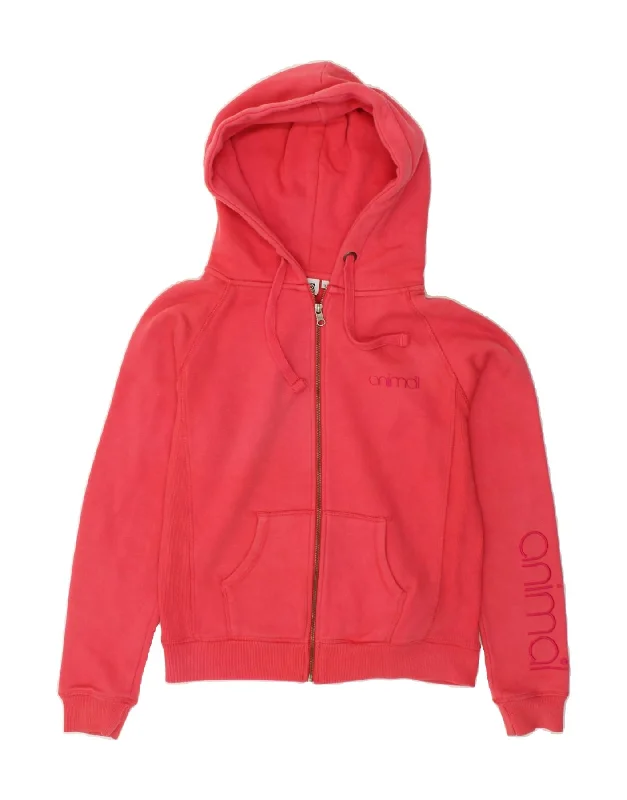 ANIMAL Womens Graphic Zip Hoodie Sweater UK 12 Medium Pink Cotton Mesh Blend Leather Blend Suede Blend