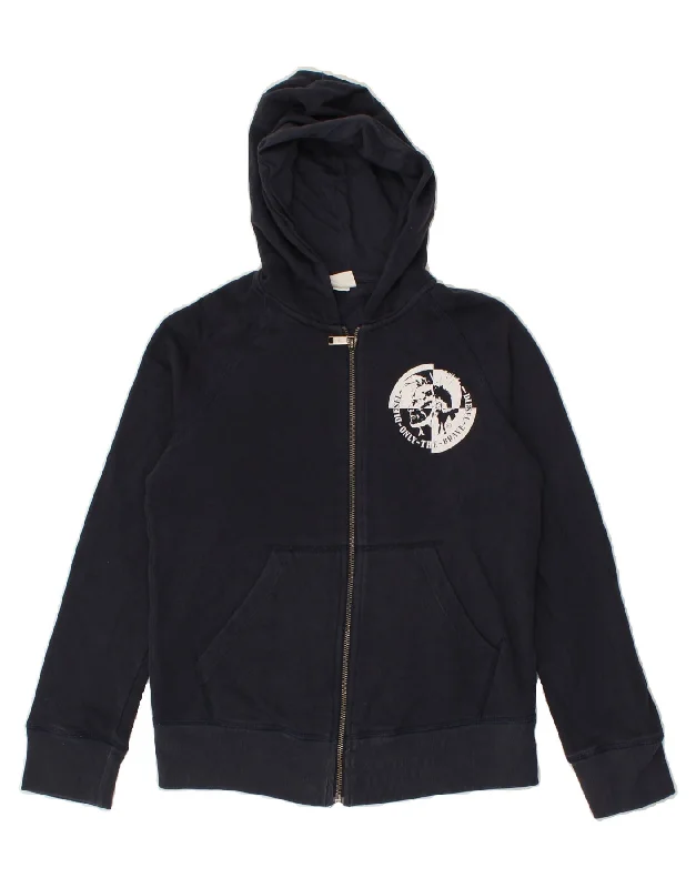 DIESEL Girls Graphic Zip Hoodie Sweater 11-12 Years Navy Blue Cotton Open Front Closed Front Wrap Front